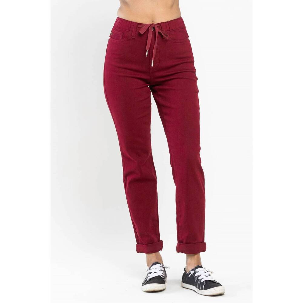 NEW JUDY BLUE high waist pull on double cuff jogger jeans in scarlet